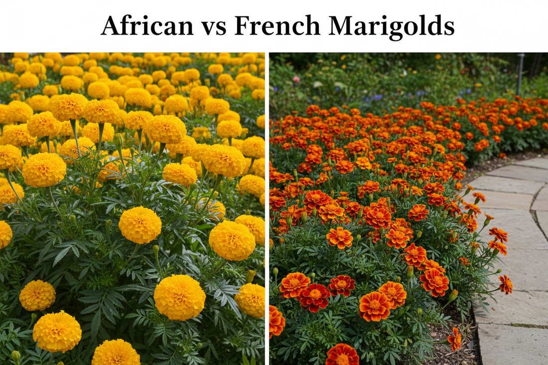 Side-by-side garden comparison of tall African marigolds with large golden blooms in a landscape bed versus compact French marigolds with smaller orange and red bicolor blooms along a border edge