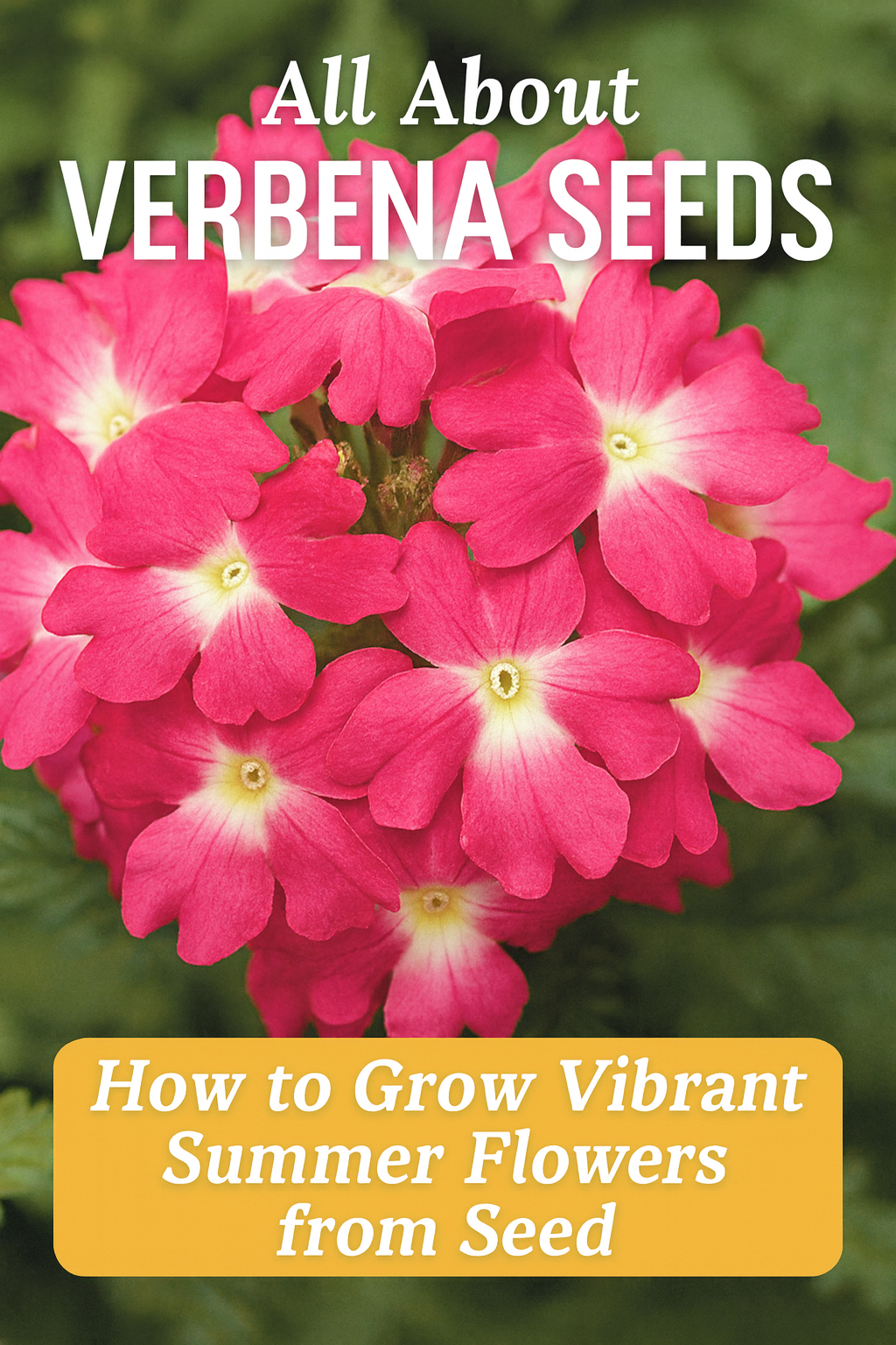 Bright pink verbena flowers in full bloom with text overlay reading “All About Verbena Seeds | How to Grow Vibrant Summer Flowers,” highlighting summer flower gardening.