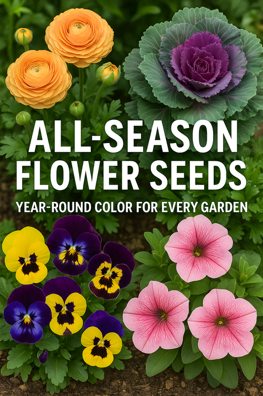 A vibrant garden display featuring colorful flowers from all seasons — including Ranunculus, Anemones, Kale, Pansies, Petunias, Zinnias, Marigolds, Violas, and Snapdragons — symbolizing year-round color for every garden.