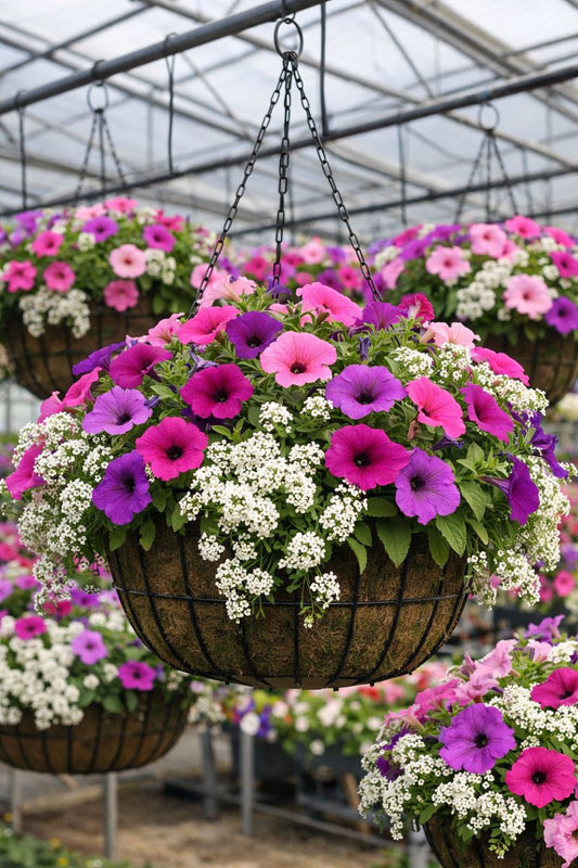 Alyssum seeds used as filler with Wave petunias in greenhouse hanging baskets