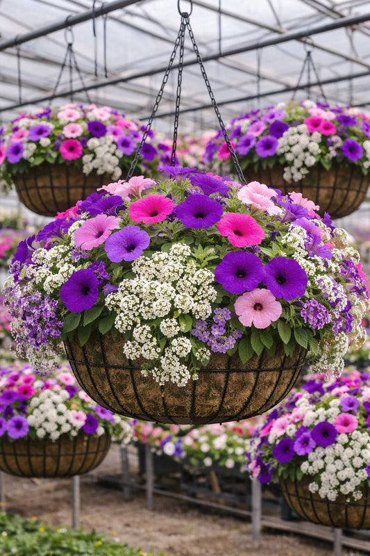 Alyssum and Wave petunia seeds grown together in greenhouse hanging baskets