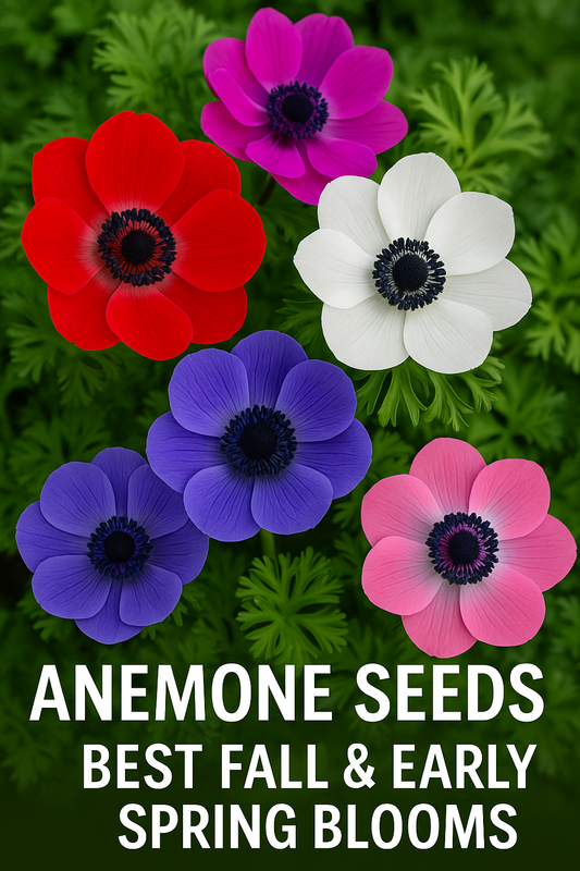 Colorful Anemone flowers in full bloom — perfect fall and early spring flowers grown from seed, ideal for cut flower gardens and cool-season planting.