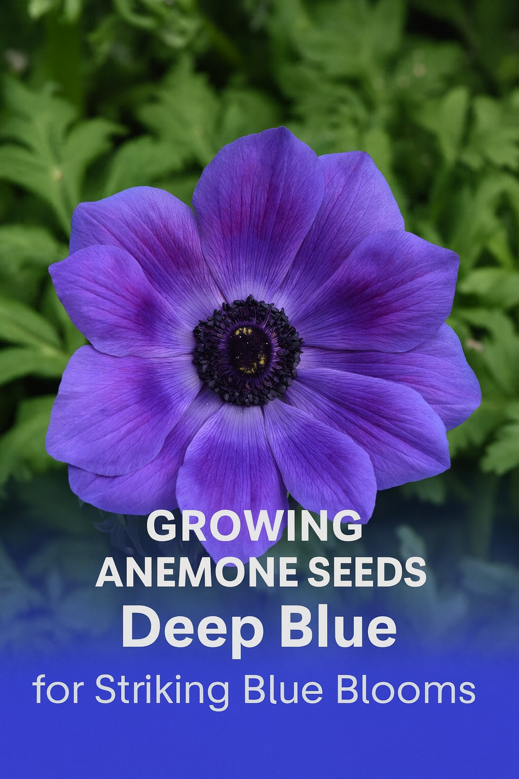 Close-up of Anemone Mona Lisa® Deep Blue with velvety blue-purple petals and a bold dark center, surrounded by green foliage, perfect for gardens and cut flowers