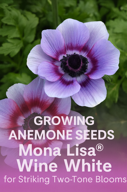 Two Anemone Mona Lisa® Wine White blooms with wine-red and white petals and dark centers, set against lush green foliage, perfect for cut flowers and spring gardens