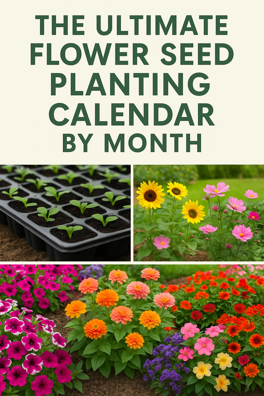 Colorful flower seedlings and blooms showing a month-by-month flower seed planting calendar