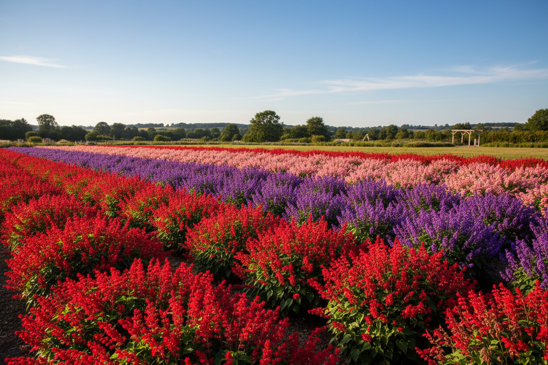 Lush annual salvia in full bloom — Vista Red, Purple, and Rose series growing in a summer garden border
