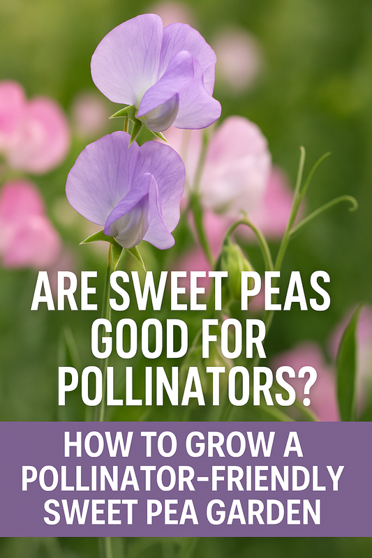 Sweet pea flowers with text overlay asking if sweet peas are good for pollinators and how to grow a pollinator-friendly sweet pea garden