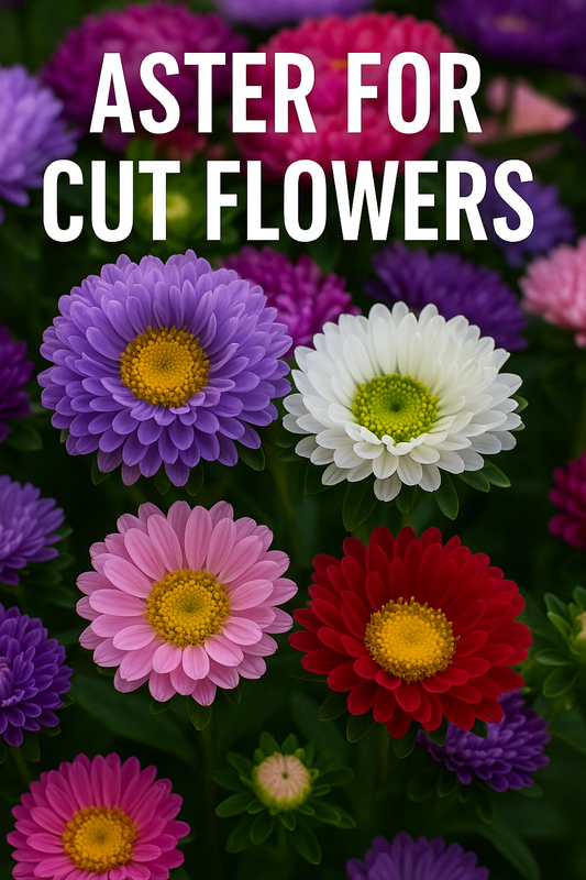 Aster for cut flowers – bouquet featuring Bonita, Matsumoto, Nina, and Serenade varieties in purple, pink, red, and white blooms with text overlay "Aster for Cut Flowers – Complete Guide