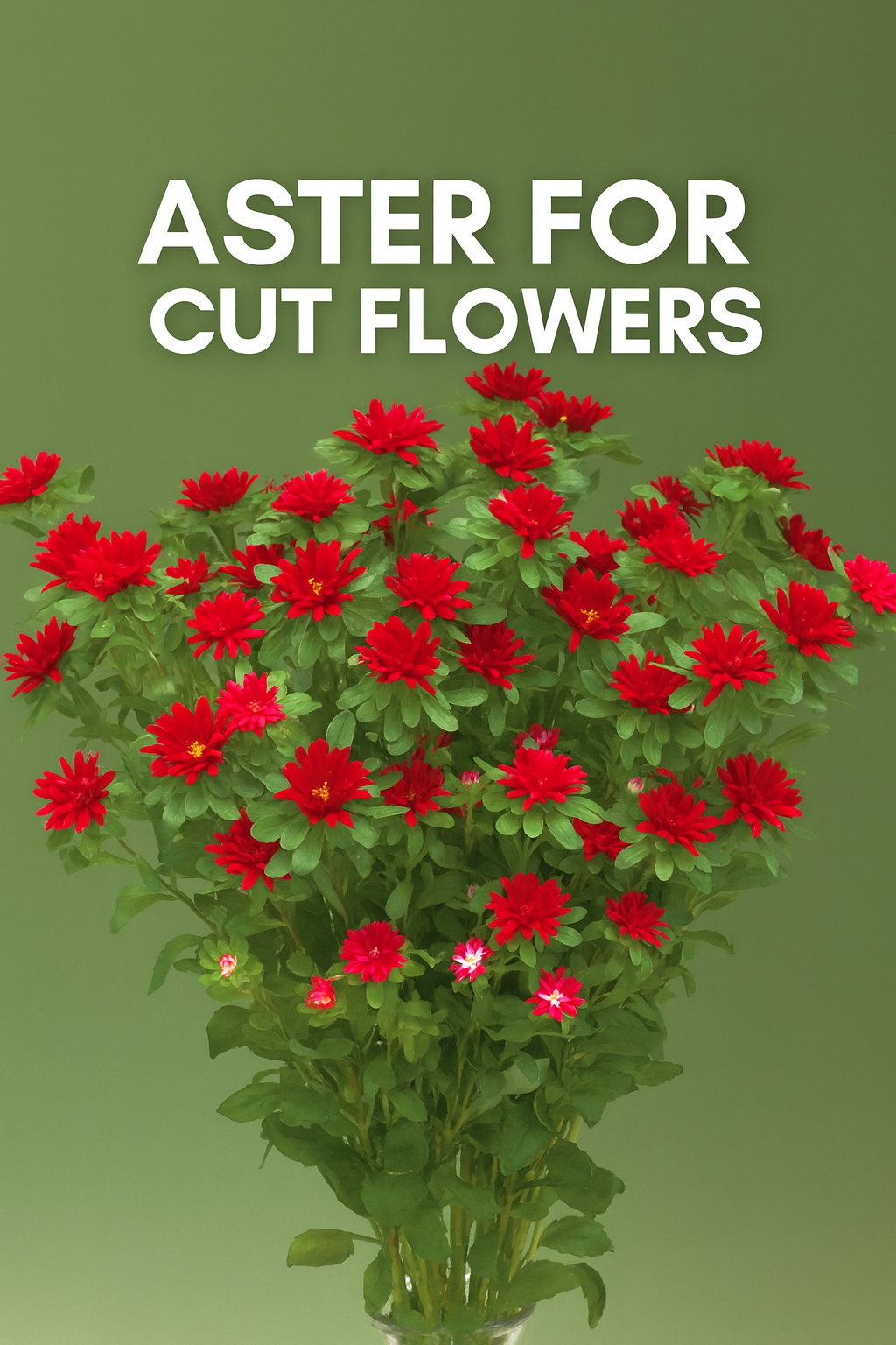 Aster Nina Scarlet cut flower bouquet in a clear vase with vibrant red blooms and green foliage, text overlay reading "Aster for Cut Flowers