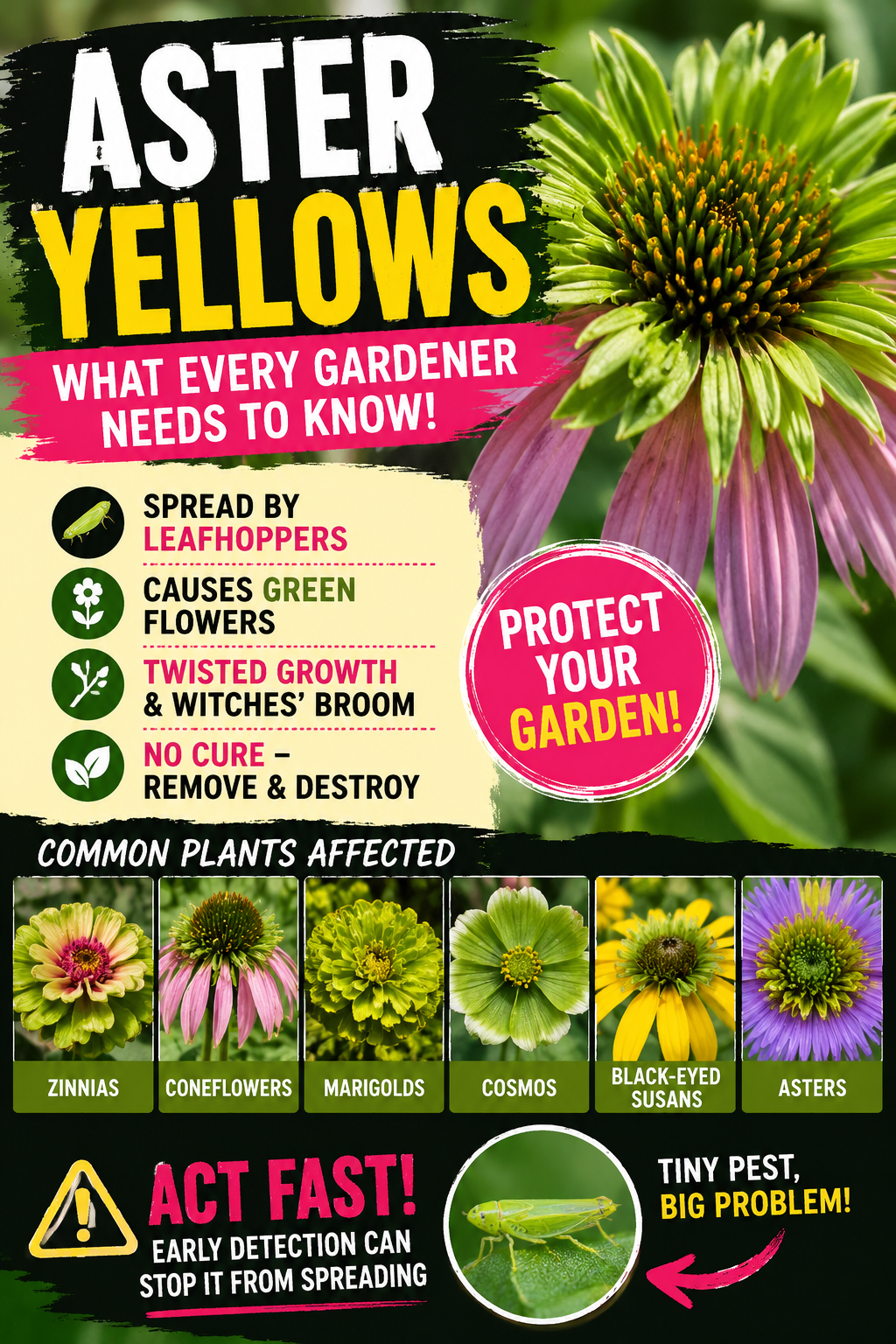 Aster Yellows disease symptoms on coneflowers and zinnias showing green flowers, distorted blooms, and leafhopper damage