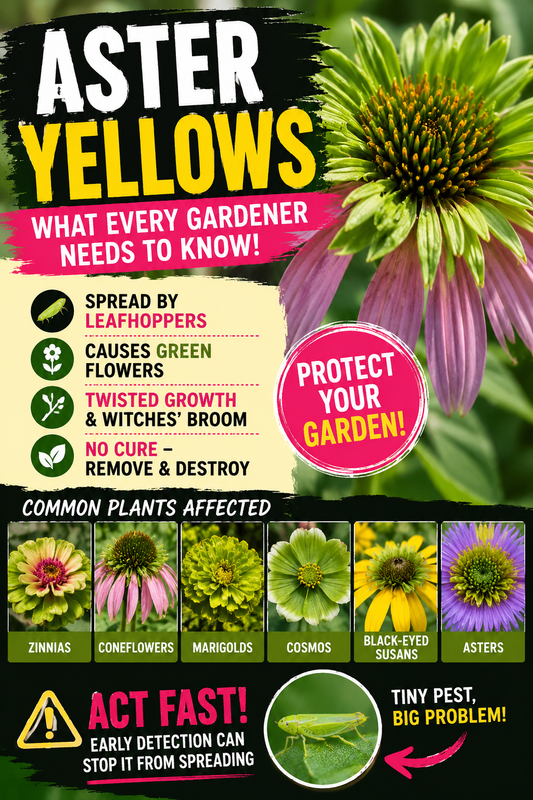 Aster Yellows disease symptoms on coneflowers and zinnias showing green flowers, distorted blooms, and leafhopper damage
