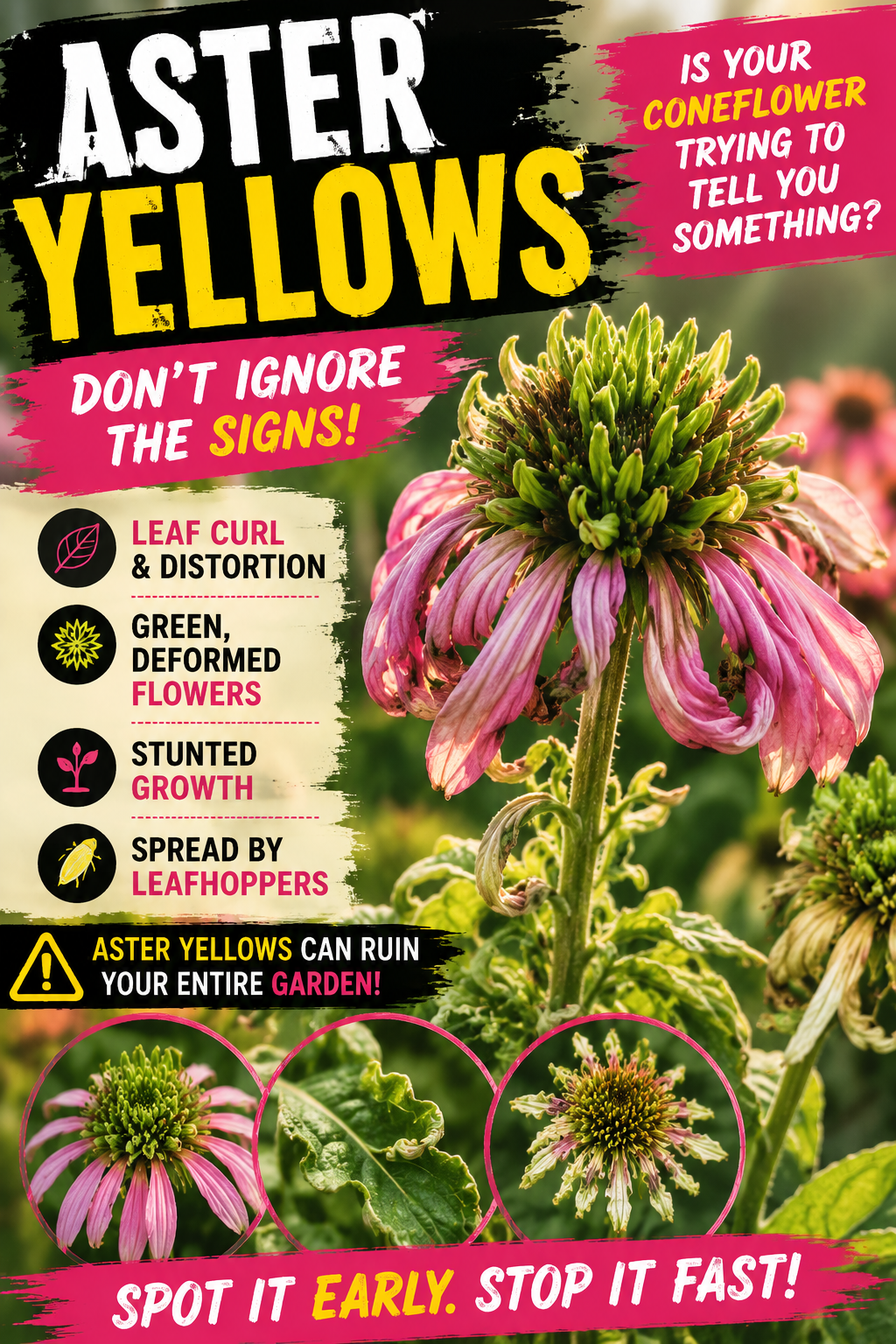 Aster Yellows disease on Echinacea coneflower showing curled leaves, green distorted flower centers, deformed blooms, and abnormal growth caused by phytoplasma infection