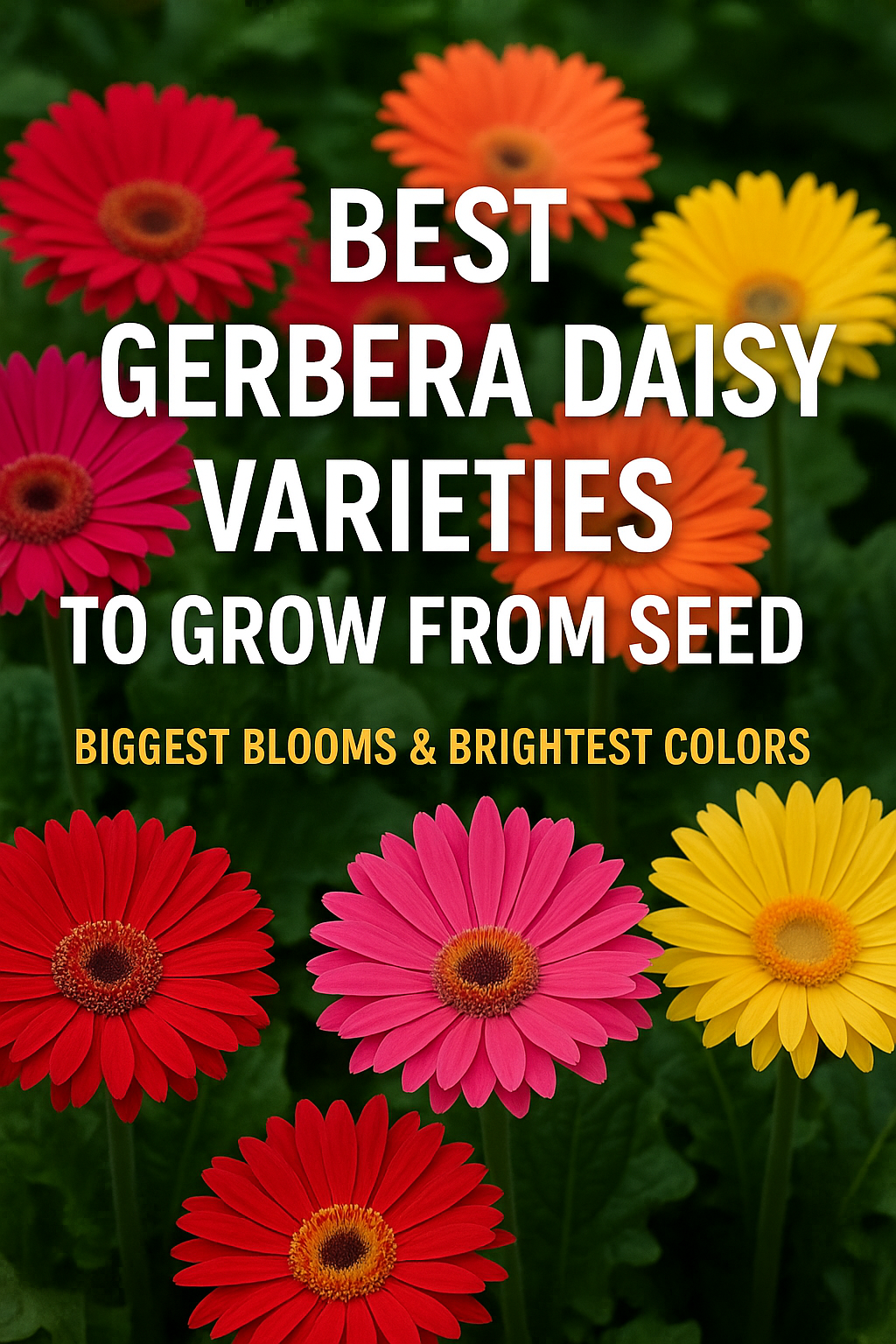 Colorful Gerbera daisies in red, pink, orange, and yellow with text overlay promoting the best Gerbera daisy varieties to grow from seed