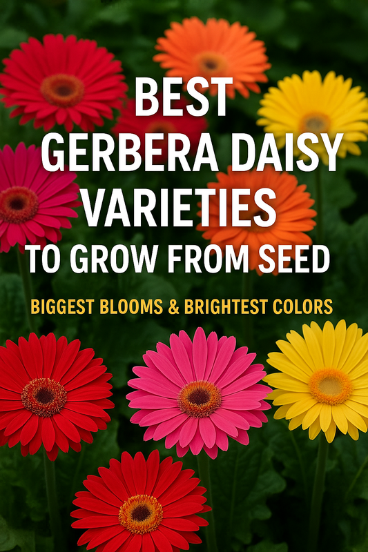 Colorful Gerbera daisies in red, pink, orange, and yellow with text overlay promoting the best Gerbera daisy varieties to grow from seed