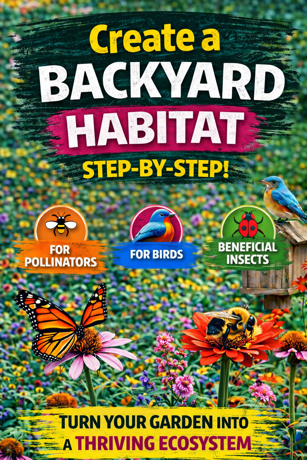 Backyard habitat garden with flowers attracting bees, butterflies, birds, and beneficial insects in a colorful ecosystem design