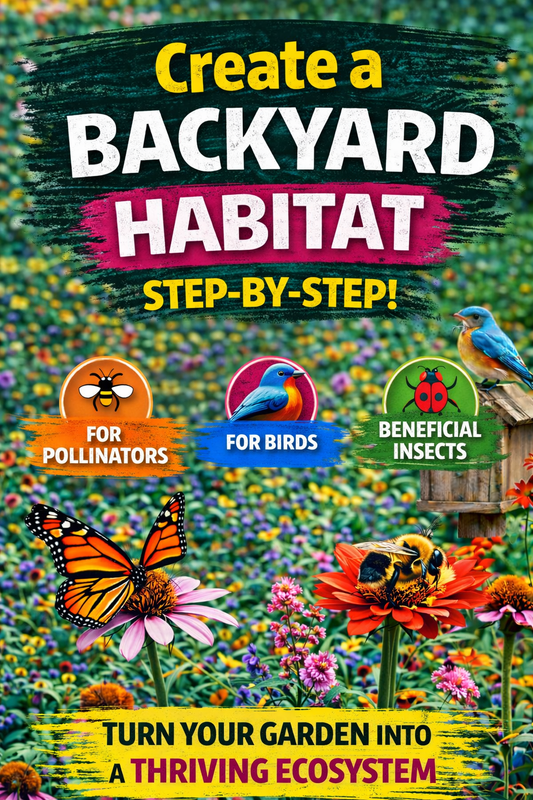 Backyard habitat garden with flowers attracting bees, butterflies, birds, and beneficial insects in a colorful ecosystem design