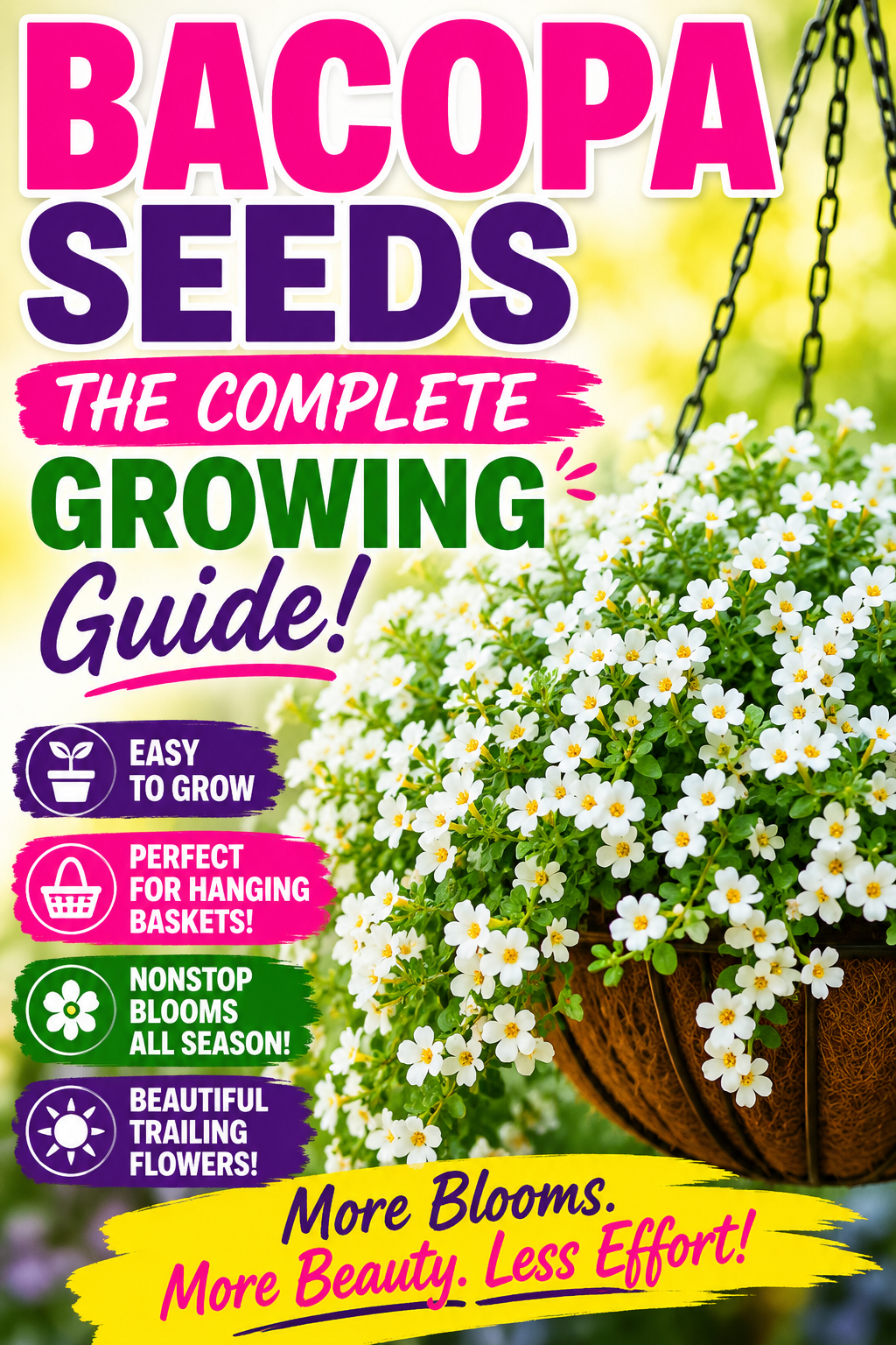 White bacopa flowers growing in a hanging basket with a complete bacopa seeds growing guide for containers and trailing flower baskets