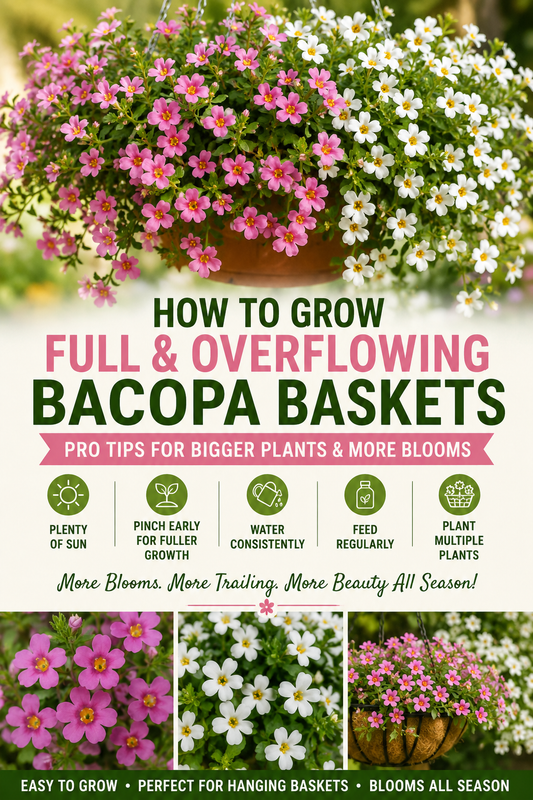 Pink and white bacopa flowers overflowing from a hanging basket showing how to grow fuller bacopa plants with more blooms and trailing growth