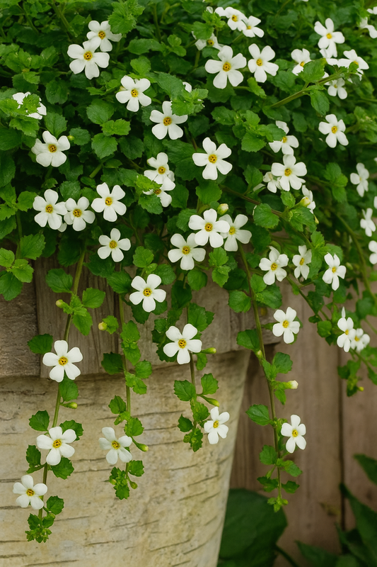 Trailing Bacopa Snowtopia White flowers in full bloom, spilling over a hanging basket with vibrant green foliage – grown from multi-pelleted seeds.