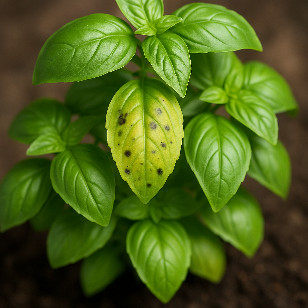 Basil plant showing yellow leaves and spots, common issues gardeners troubleshoot