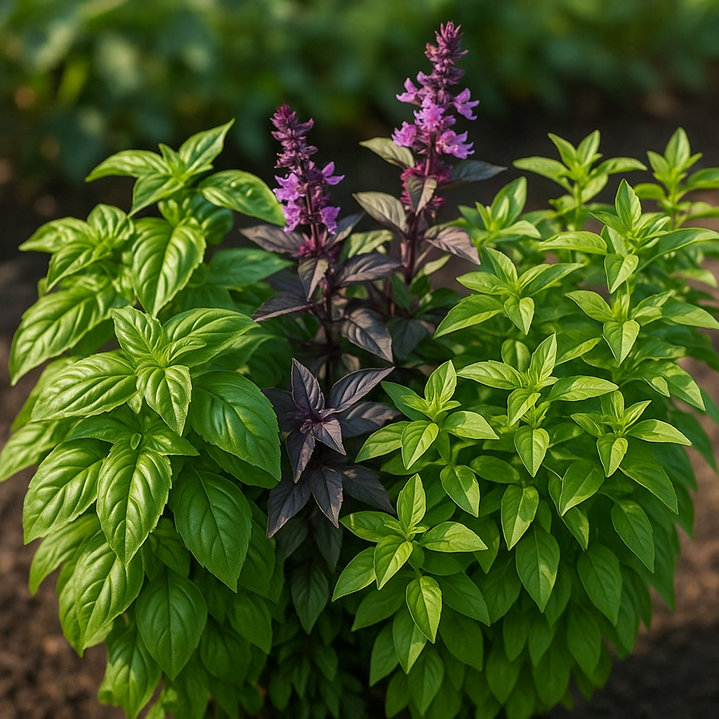 Three basil varieties—Genovese, Thai, and Lemon—growing in a garden, showing leaf color and texture differences.