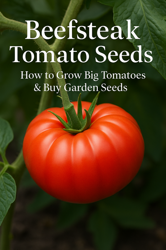 Beefsteak tomato on the vine with title about growing big tomatoes from seed