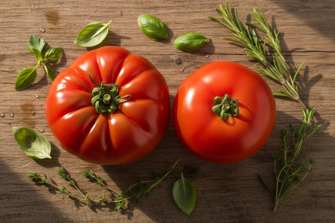 Beefsteak tomato vs slicing tomato side by side on rustic wood