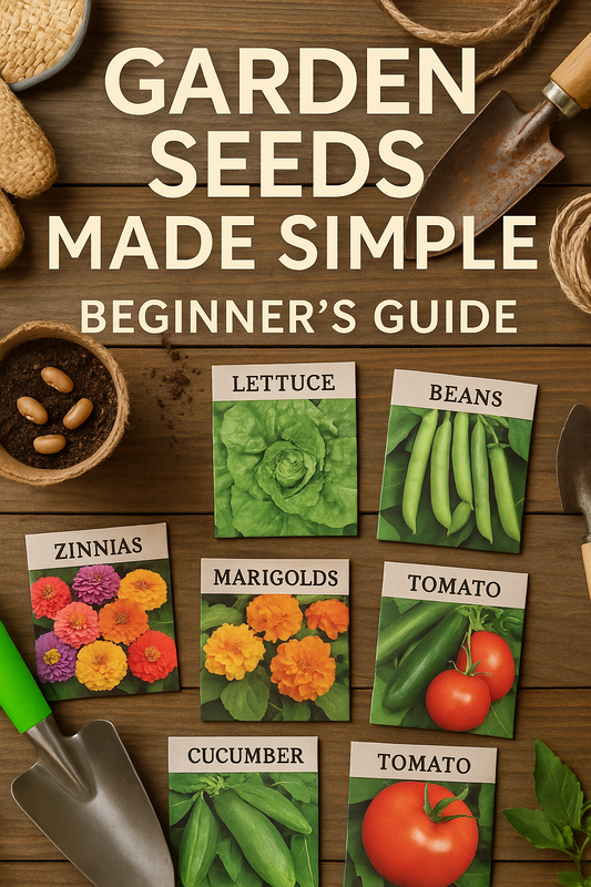 Flat lay of colorful beginner garden seeds including lettuce, radish, beans, zinnias, marigolds, cucumbers, and tomatoes displayed with gardening tools and seed packets