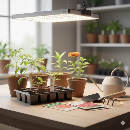 Healthy tomato and zinnia seedlings growing under a full spectrum LED grow light on a clean wood surface next to seed packets and gardening tools. This setup is ideal for starting seeds indoors
