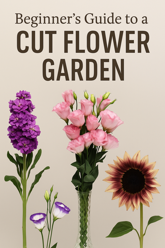 Beginner cut flower garden with zinnias, sunflowers, lisianthus, and snapdragons blooming in rows.