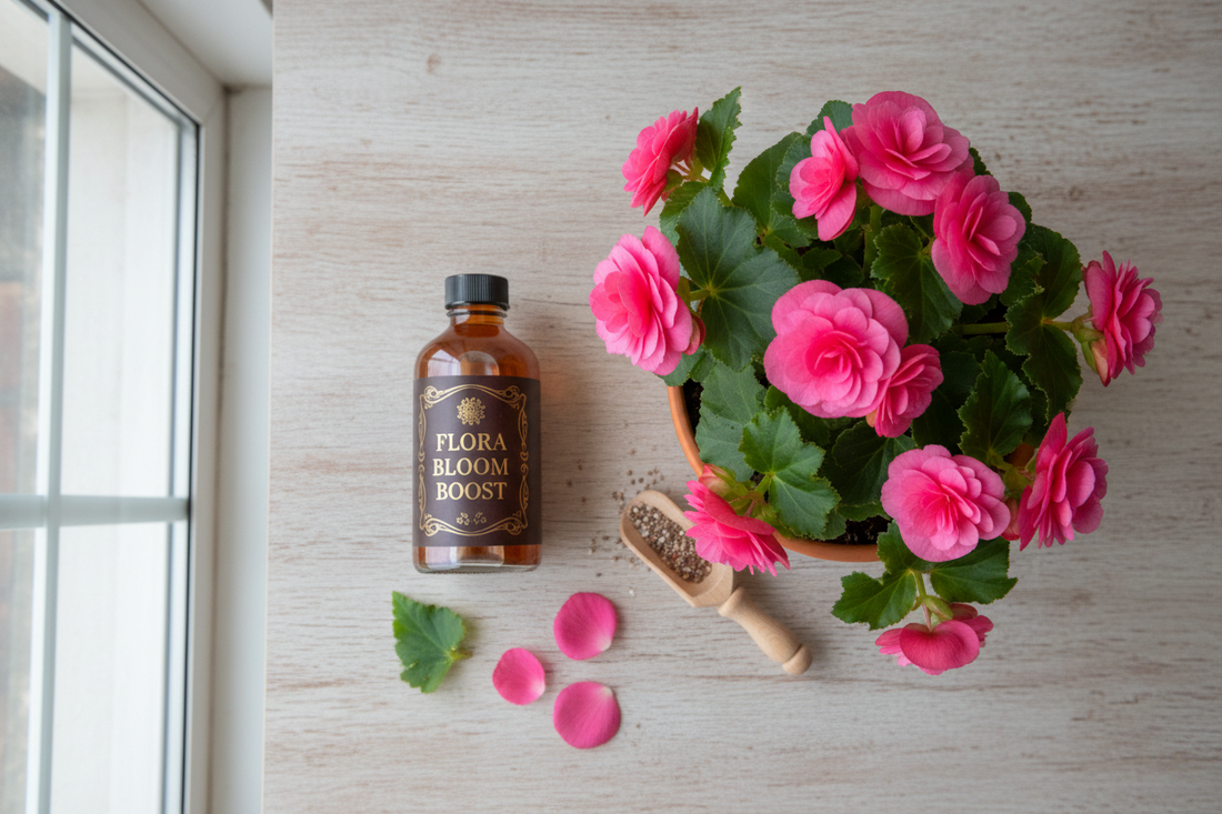 Liquid bloom booster fertilizer next to a potted begonia with vibrant pink flowers