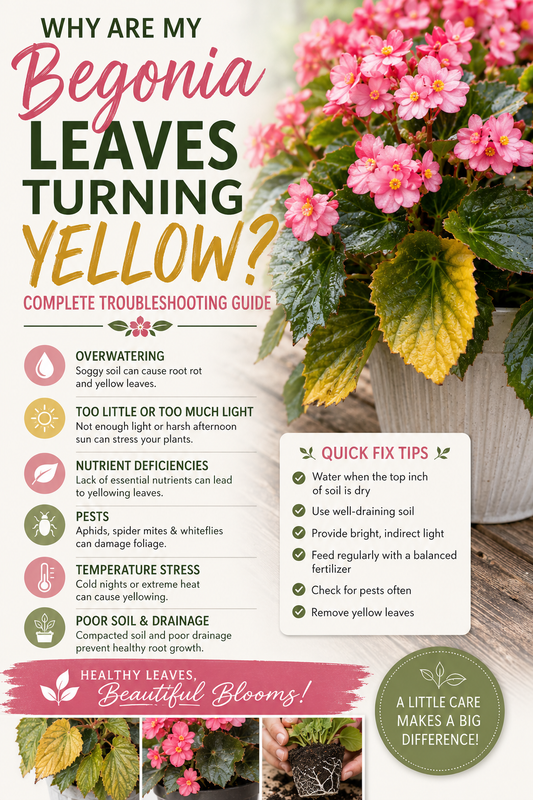 Pink begonia plant with healthy green leaves and yellowing lower leaves illustrating common causes of begonia leaf yellowing and how to identify and fix the problem for healthier blooming plants.