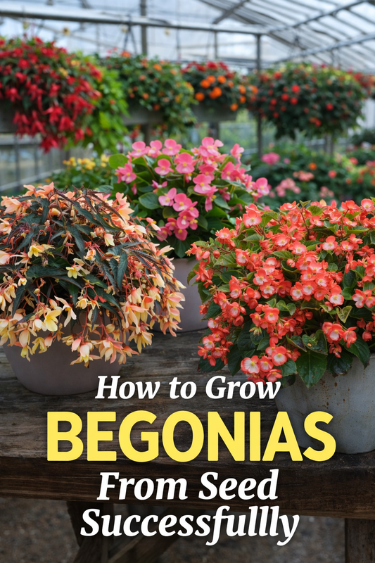 Begonia plants growing in greenhouse containers showing how to grow begonias from seed with healthy blooms and foliage
