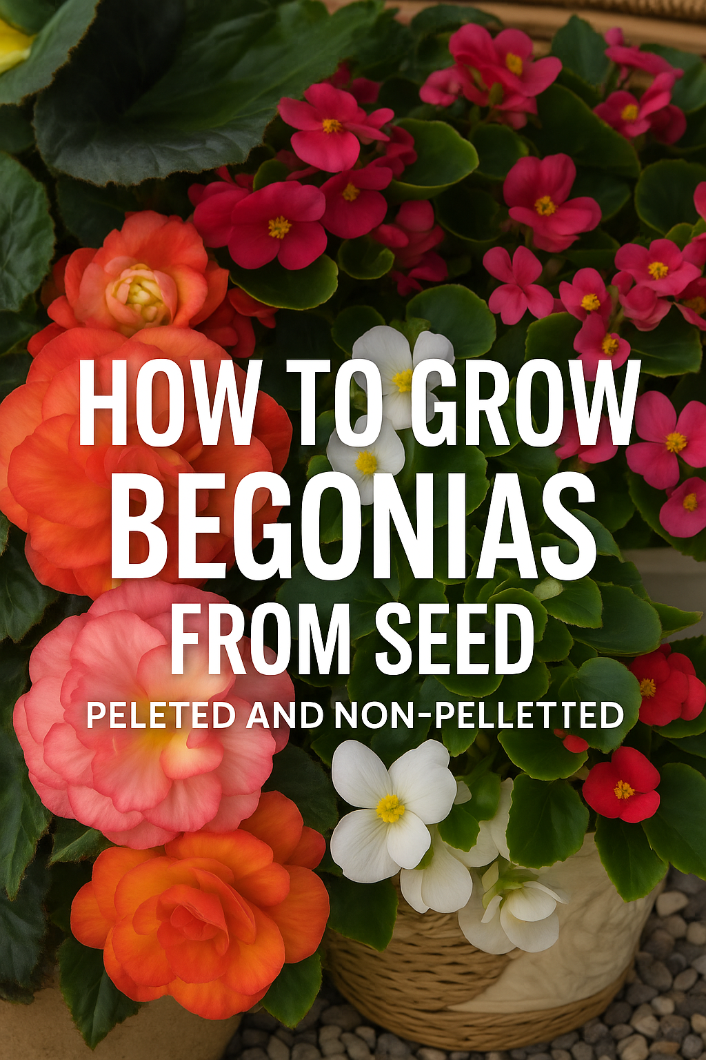 Colorful begonias in bloom including tuberous and wax varieties, illustrating blog on top mistakes when starting begonia seeds from pelleted and non-pelleted types