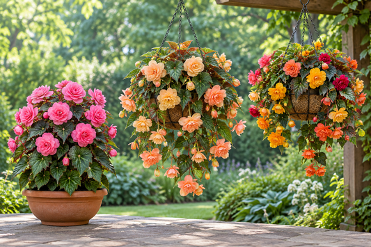 Upright pink begonia in a patio pot beside apricot and orange trailing begonias in hanging baskets