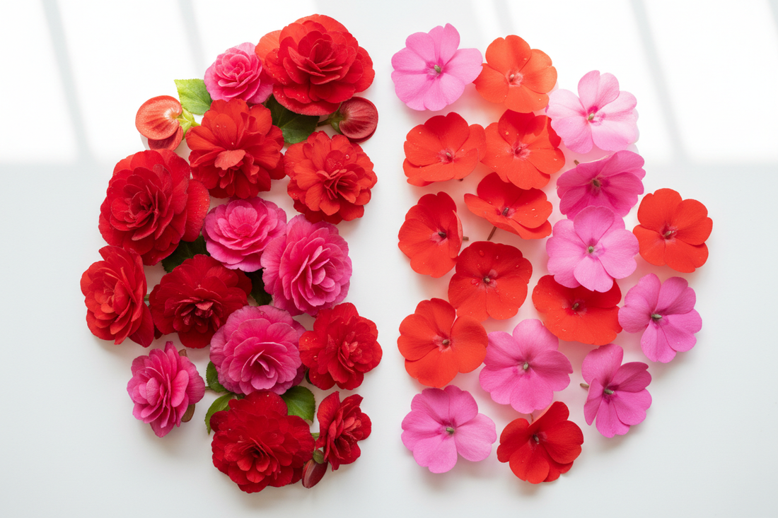 Begonia and impatiens flowers side by side showing color and bloom differences for shade gardens