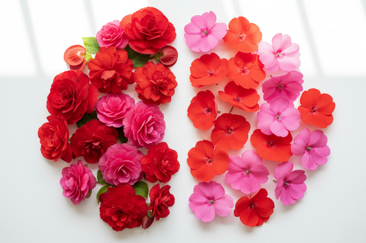 Begonia and impatiens flowers side by side showing color and bloom differences for shade gardens