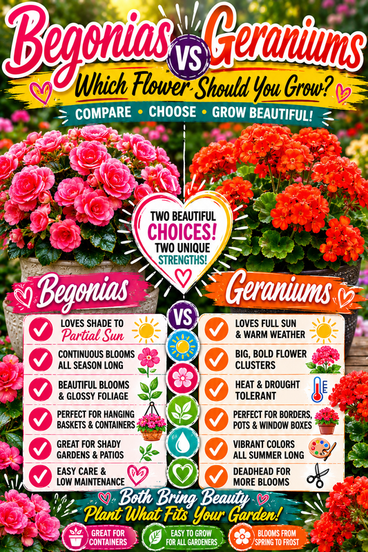Pink begonias and orange geraniums growing in containers side by side for a flower comparison.