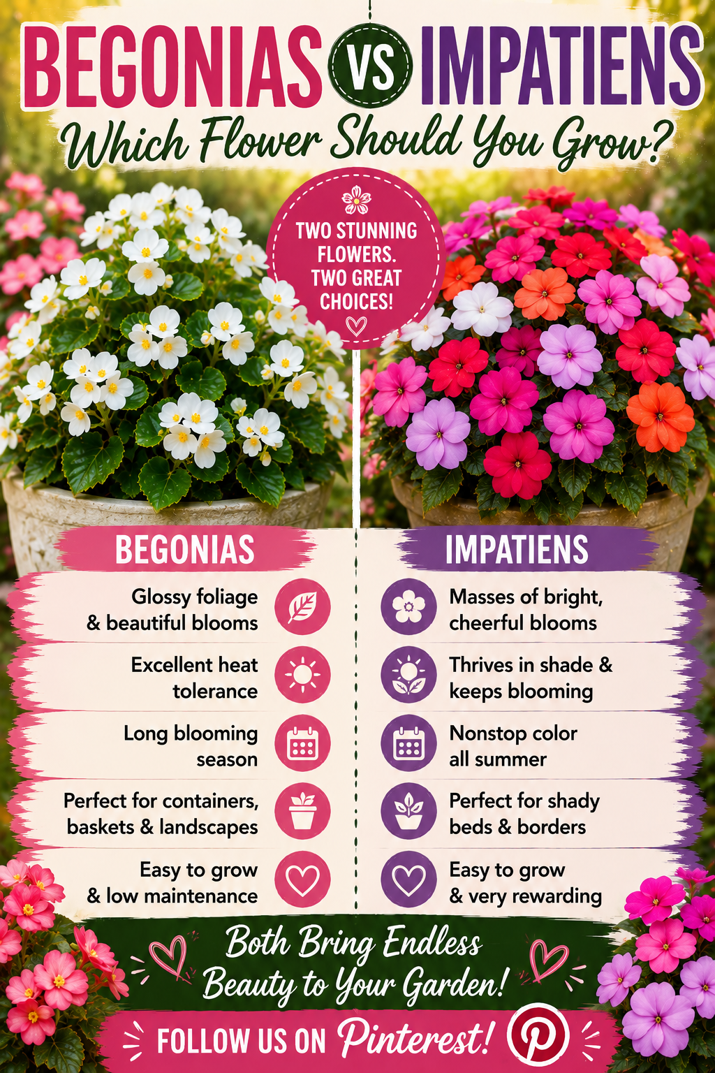 Dragon Wing begonias and colorful impatiens growing in containers side by side for a flower comparison.