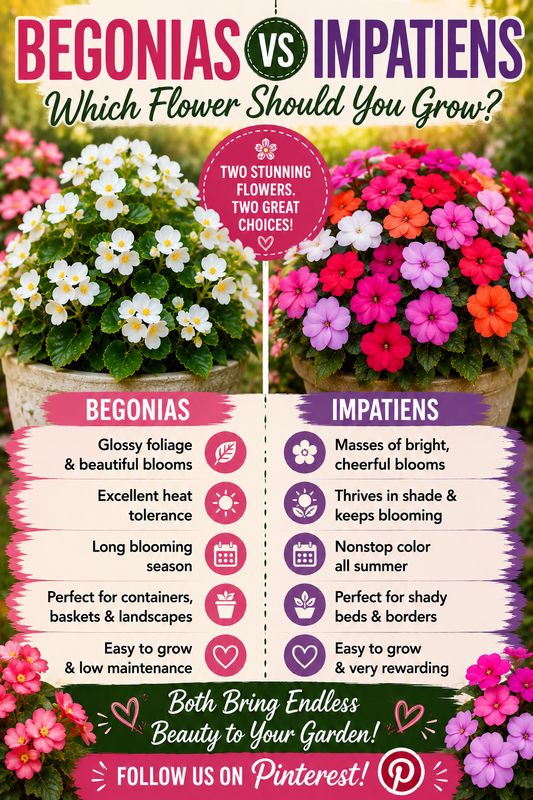 Dragon Wing begonias and colorful impatiens growing in containers side by side for a flower comparison.