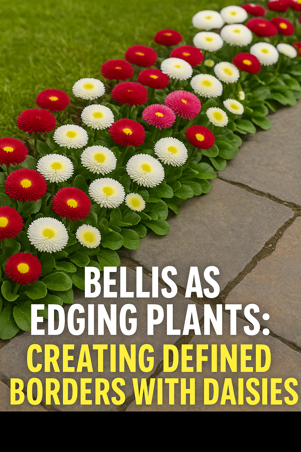 Bellis (English Daisy) flowers in red, pink, and white lining a garden path, creating a defined border with cheerful spring blooms