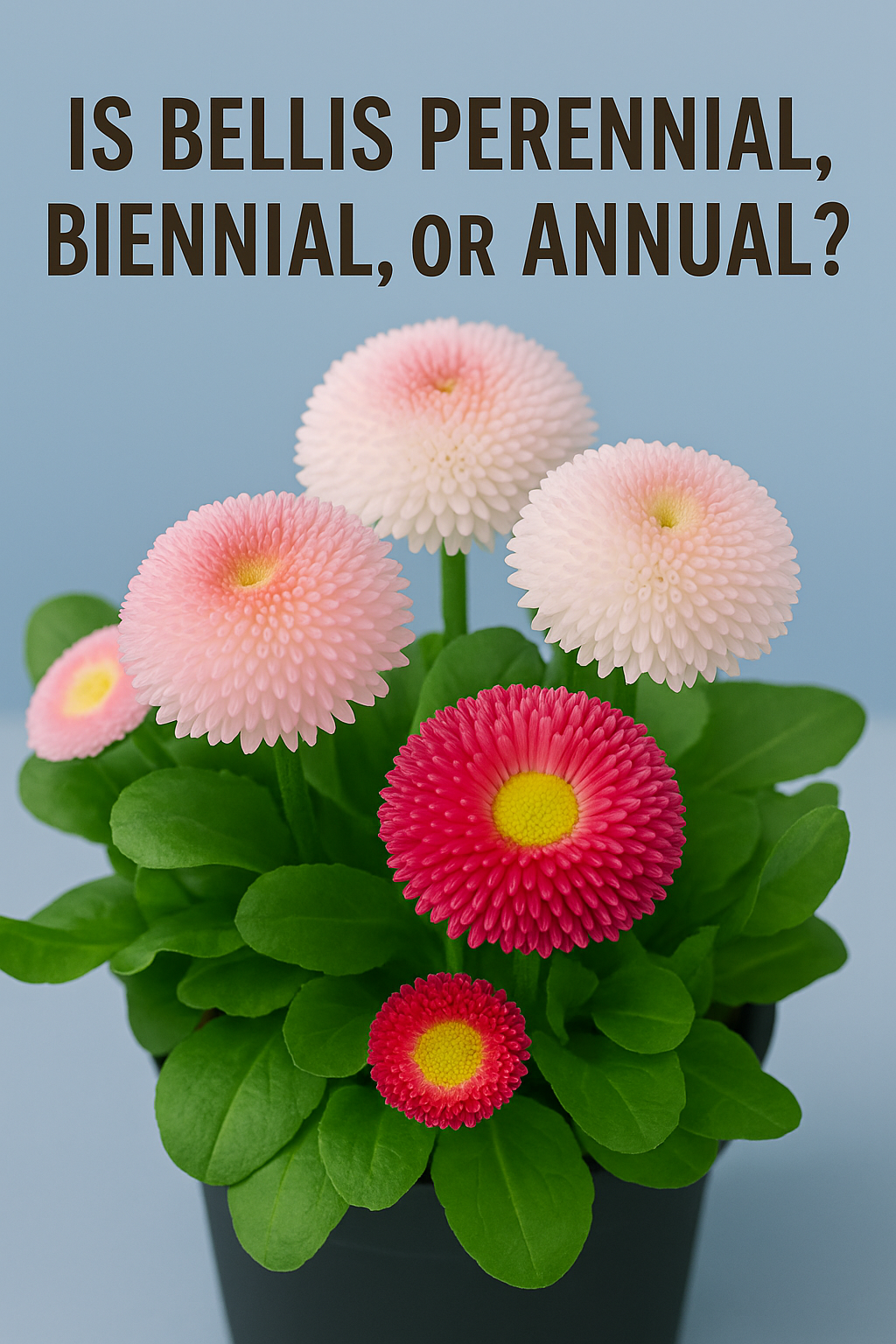 Bellis (English Daisy) plants shown in different life stages to illustrate whether Bellis is perennial, biennial, or annual
