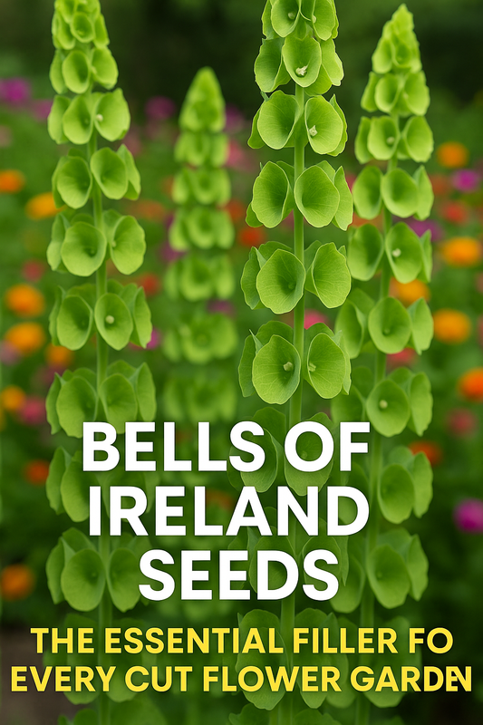 Bells of Ireland (Moluccella) flowers with Lisianthus and Zinnias — vibrant green spires used as elegant filler blooms for professional cut flower gardens and florist bouquets