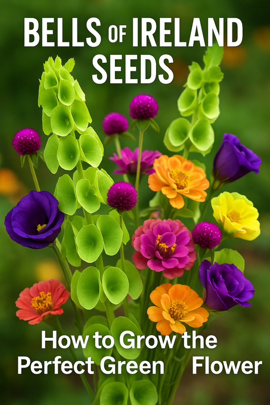 Bells of Ireland (Moluccella) in full bloom with Lisianthus and Gomphrena — vibrant green filler flowers grown from seed for professional floral bouquets