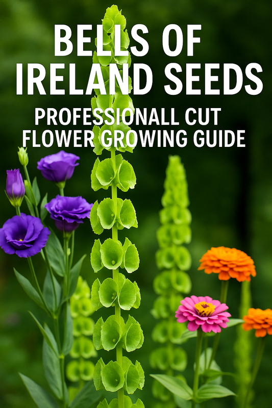 Bells of Ireland (Moluccella) flowers with Lisianthus and Zinnias — tall, lush green filler blooms grown from seed for professional cut flower arrangements