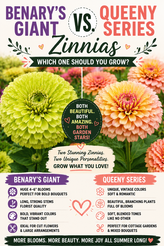 Side-by-side comparison of Benary's Giant Lime and Queeny Lemon Peach zinnias, highlighting differences in bloom size, color, stem length, bouquet quality, and the best zinnia varieties for cut flower gardens and home landscapes.