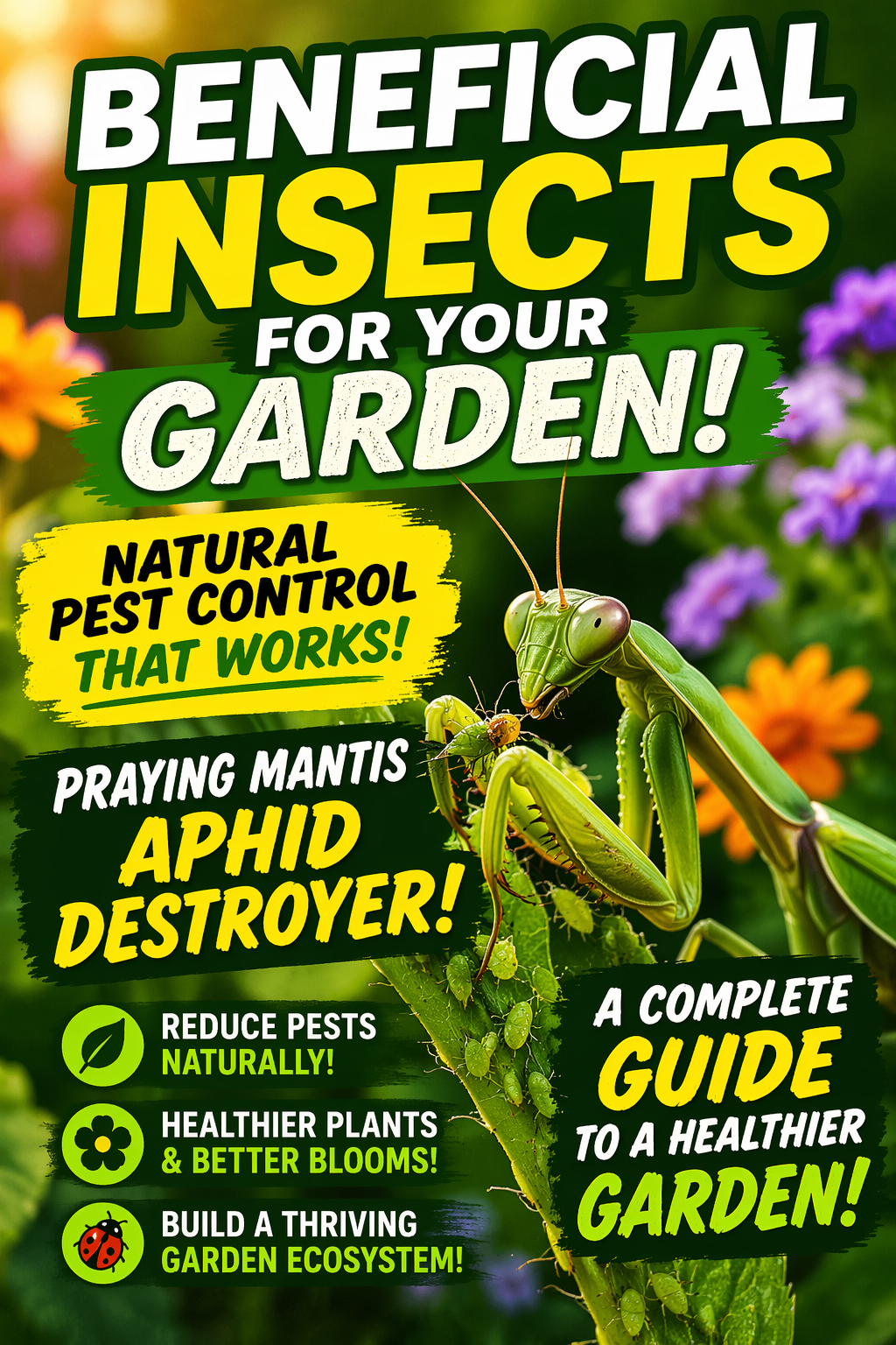 Praying mantis eating aphids on a garden plant showing natural pest control using beneficial insects