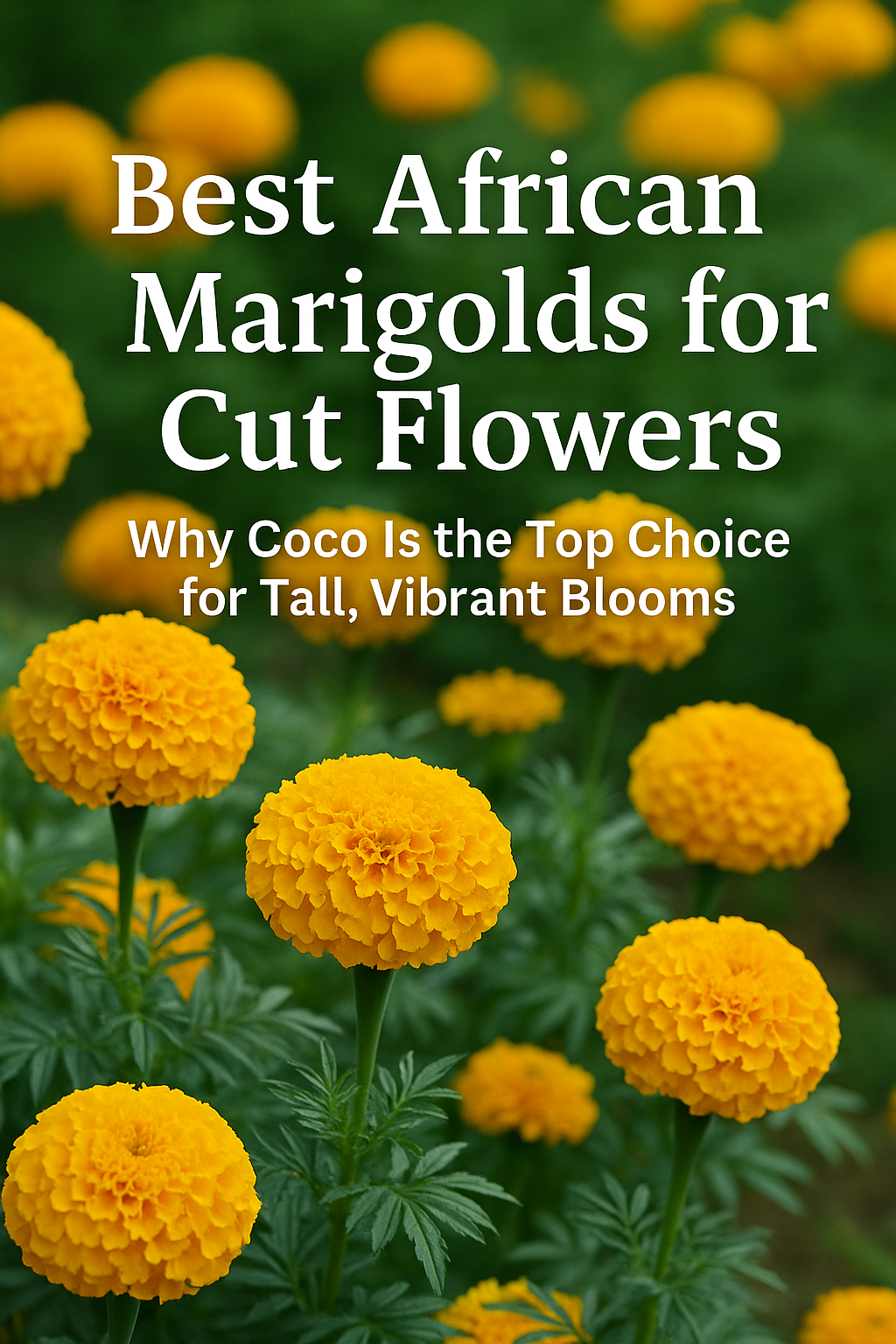 African Marigold Coco flowers blooming on tall stems, showing rich yellow-orange double blooms ideal for cut flower gardens.