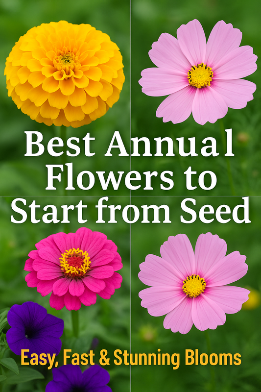 Best annual flowers to start from seed — colorful marigolds, zinnias, cosmos, petunias, and phlox blooming in a vibrant garden for easy, fast, and stunning results