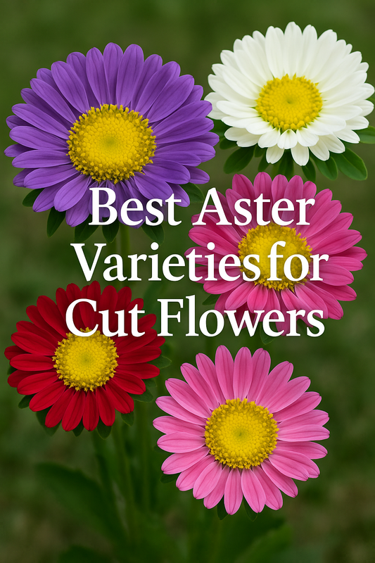 Best aster varieties for cut flowers – bouquet of Bonita, Matsumoto, Nina, and Serenade asters in purple, pink, red, and white blooms with text overlay "Best Aster Varieties for Cut Flowers